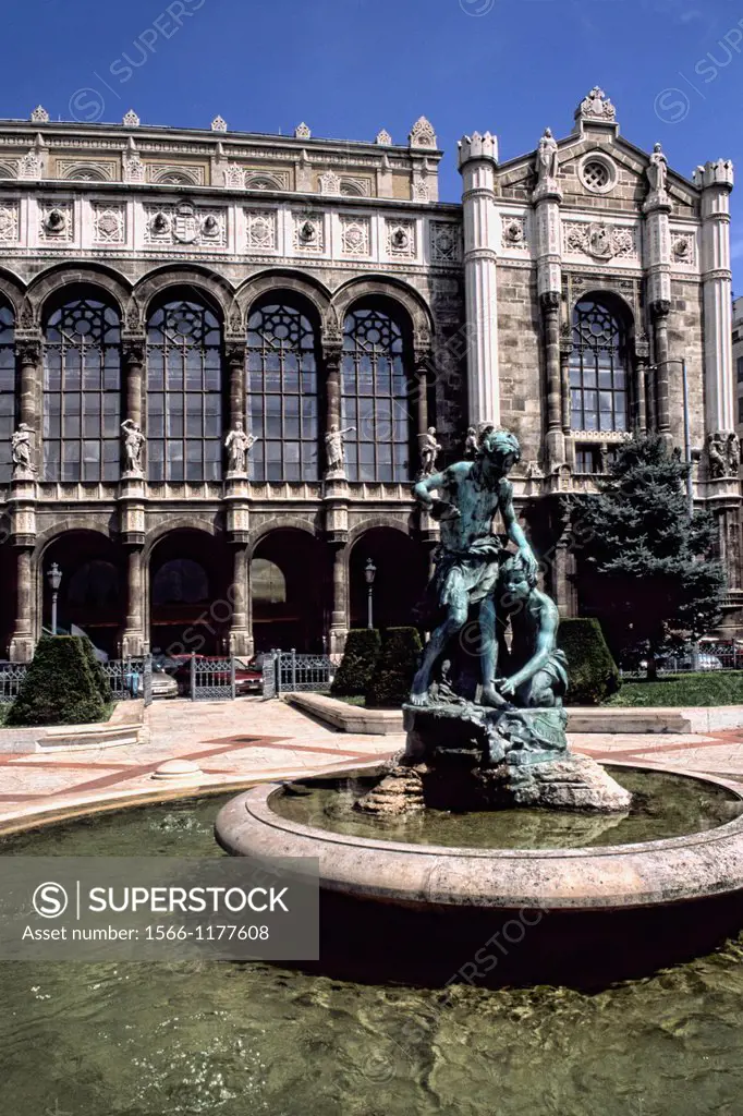 Parliament grounds closeup with fountain in Budapest Hungary.