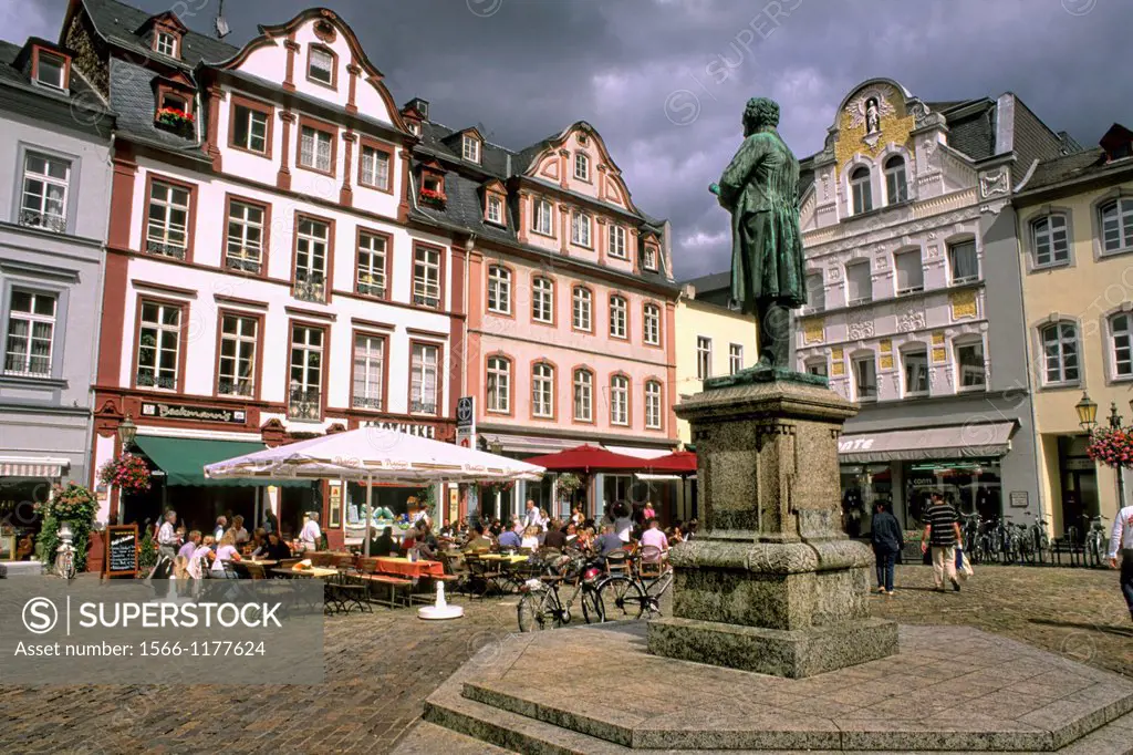 Germany Koblenz Old Town Center with buildings cafes and statue of Johannes Muller