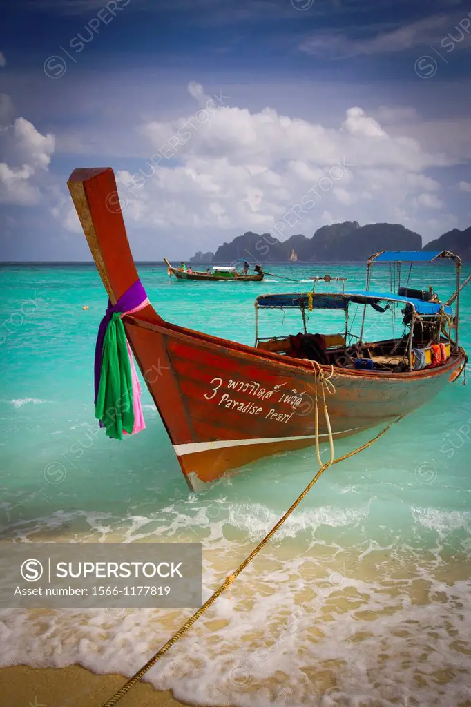 Longtail boat on Long beach  Phi Phi Don island  Krabi province, Andaman Sea, Thailand