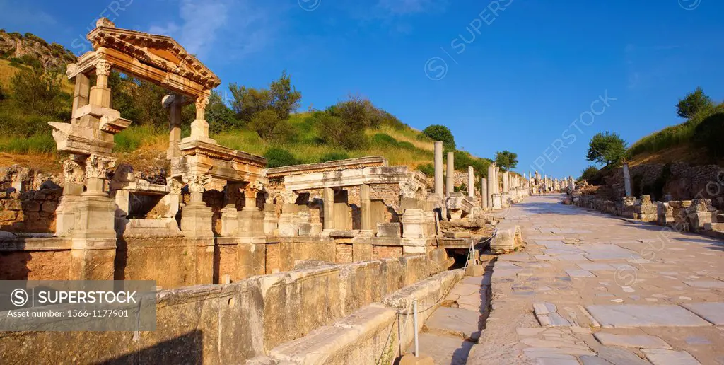 The Fountain of Emperor Trajan and Curetes Street constructed between 102 - 114 A D  Ephesus Archaeological Site, Anatolia, Turkey