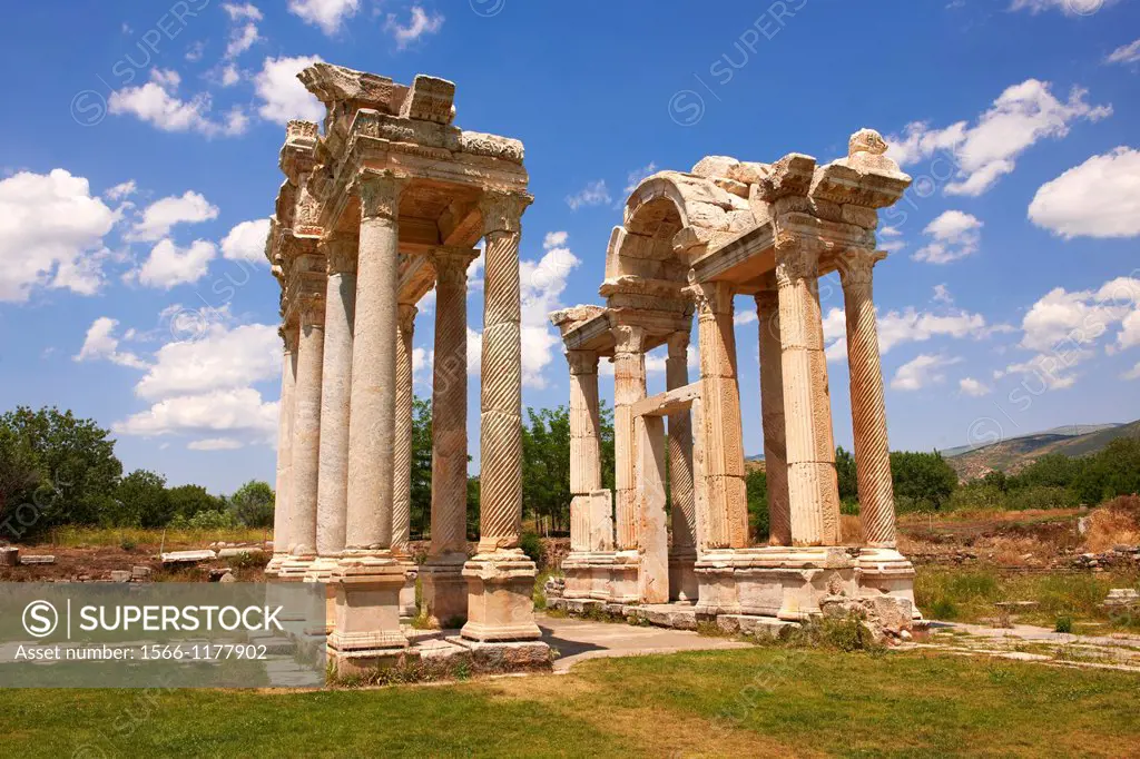 Picture of the double Tetrapylon Gate, Aphrodisias, Turkey. A tetrapylon Greek: etp, ´four gates´ is an ancient type of Roman monument of cubic...