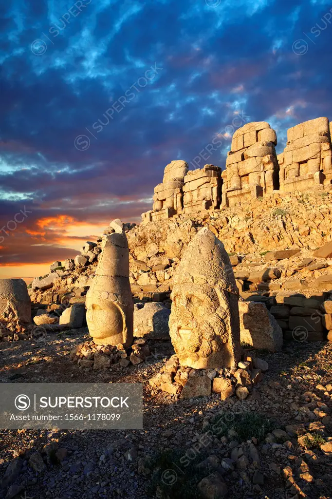 Picture & photo of the statues of around the tomb of Commagene King Antochus 1 on the top of Mount Nemrut, Turkey. Stock photos & Photo art prints. In...