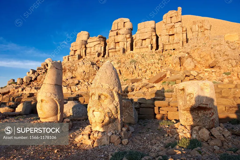 Picture & photo of the statues of around the tomb of Commagene King Antochus 1 on the top of Mount Nemrut, Turkey. Stock photos & Photo art prints. In...