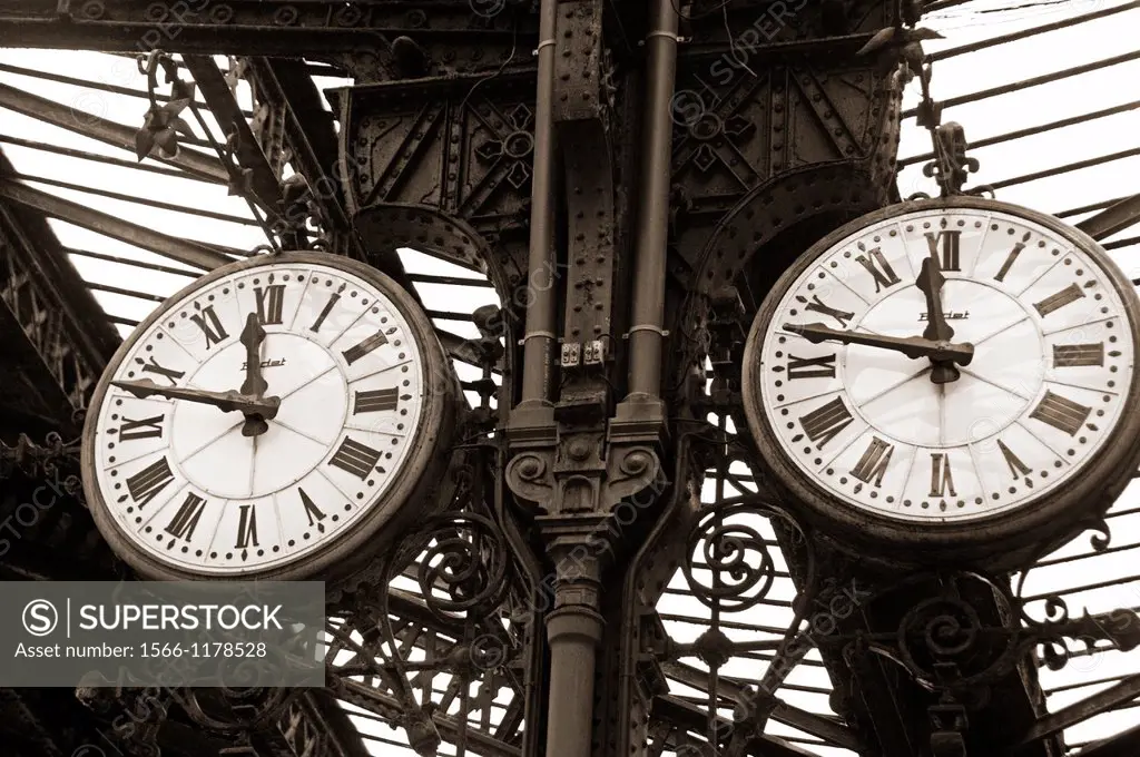 huge old clocks in Gare de Lyon train station, Paris, France