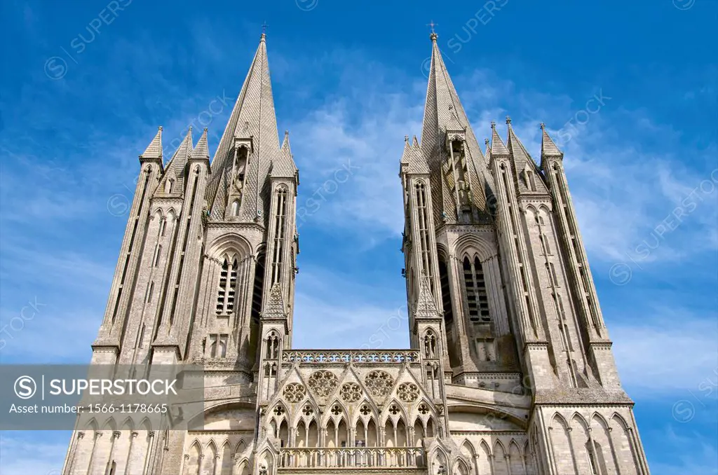 Notre Dame cathedral 14th c detail of towers,Coutances, Cotentin, Normandy, France