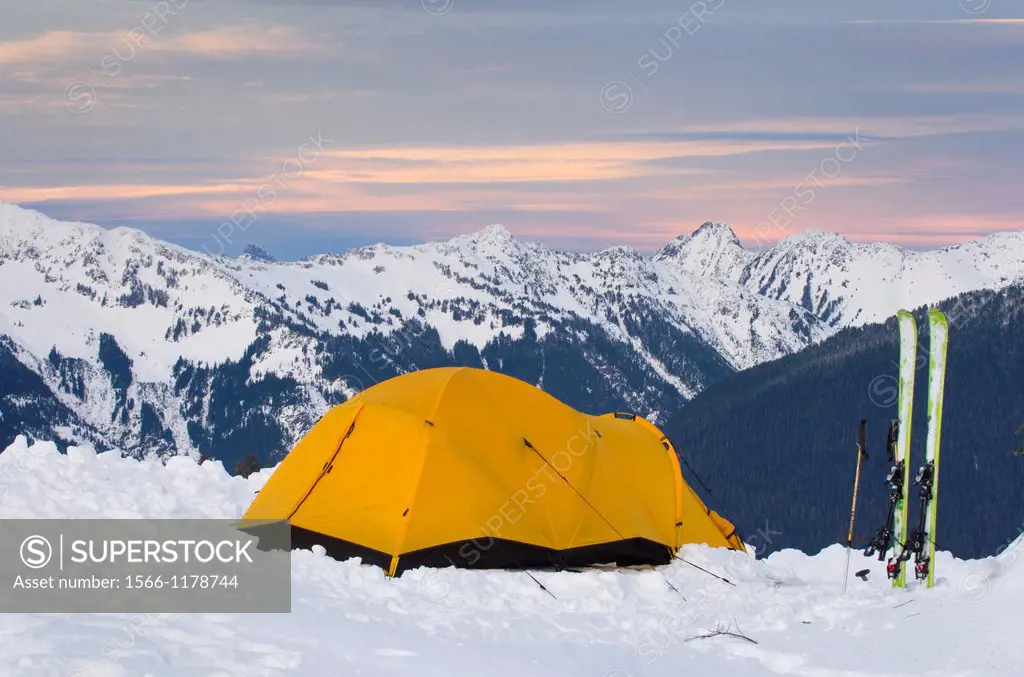 Winter backcountry campsite at dusk in the North Cascades, Washington