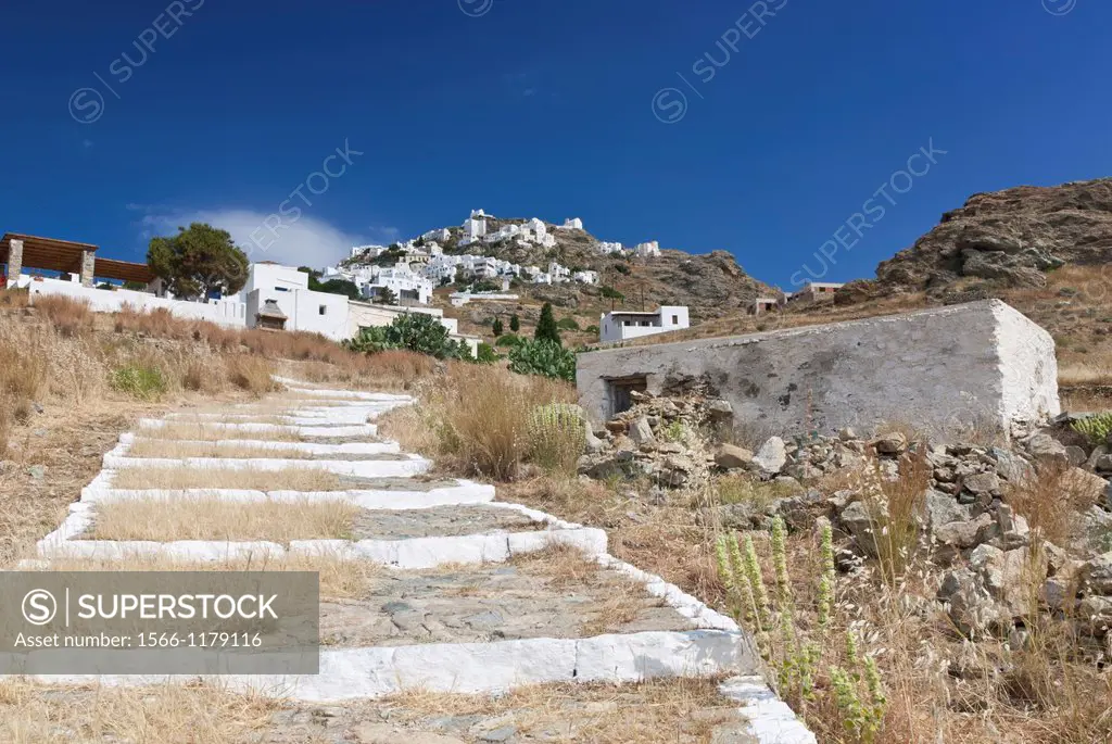 Walking path upto the whitewashed Chora of Serifos Island, Cyclades, Greece