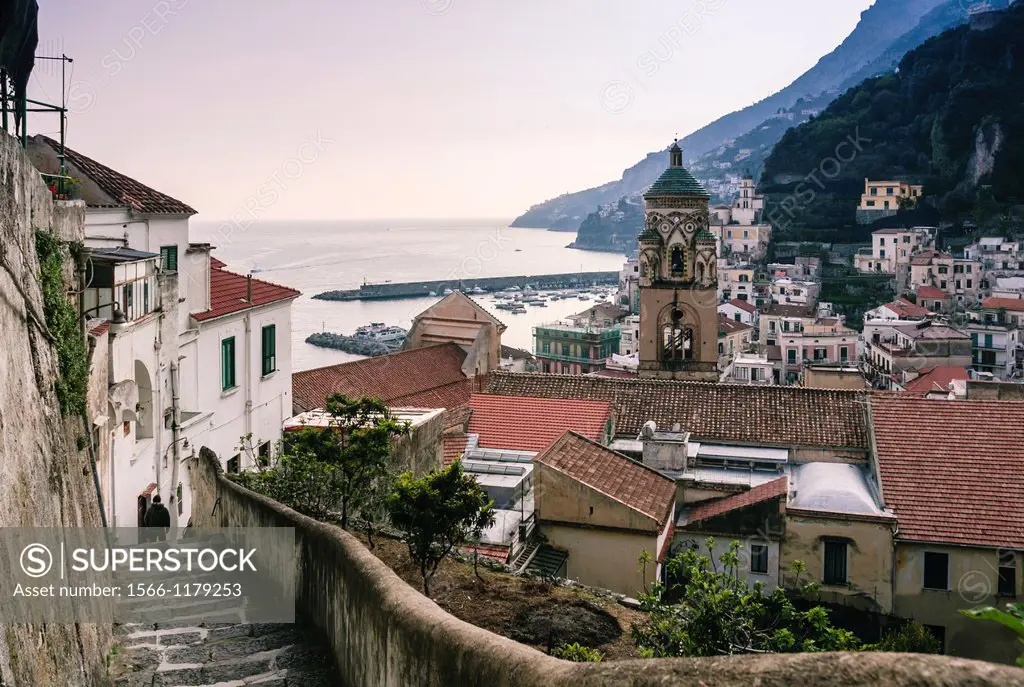 Panoramic view of Amalfi with the belltower of Cattedrale di Sant´Andrea from a high angle  View from a walking path from Ravello to Amafi