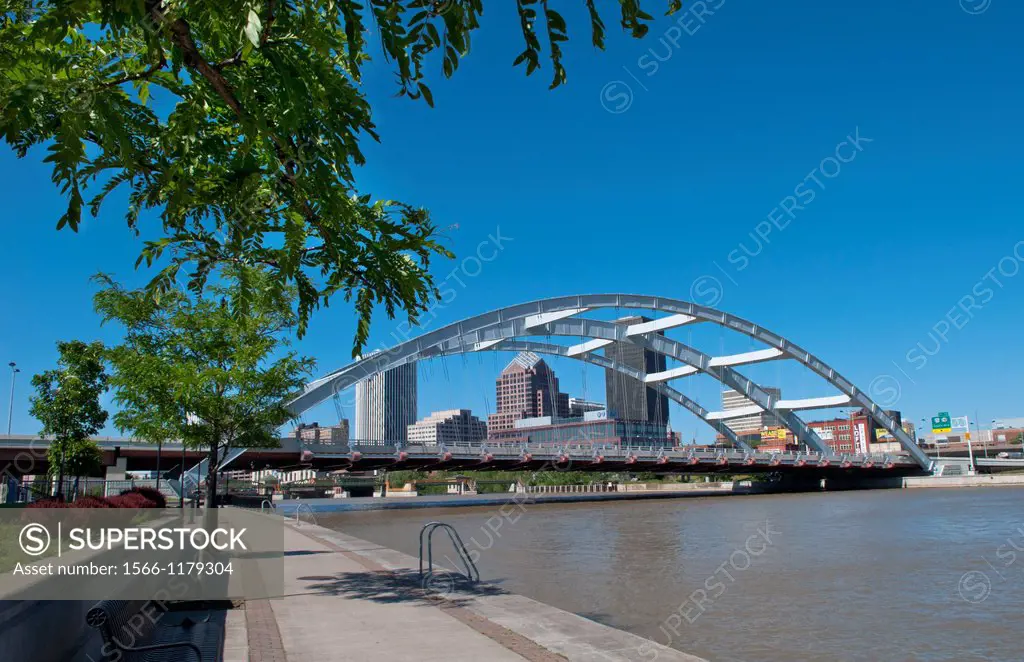 Rochester New York famous Frederick Douglas and Susan B Anthony Memorial Bridge and the Genessee River with skyline of city
