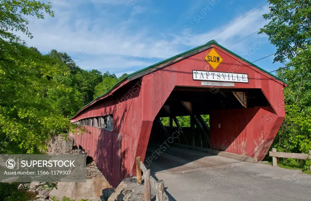 Old historic red old Covered Bridge in Taftsville Vermont