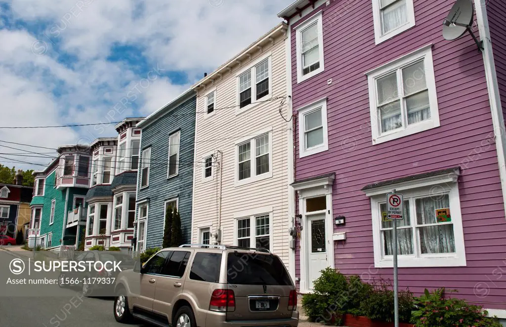 Newfoundland Canada St Johns capital colorful houses famous in the harbor front with nice doors and colorful paint