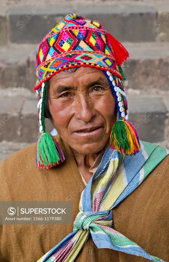 Local religious Shaman in traditional religious clothes in Cusco Cuzco Peru