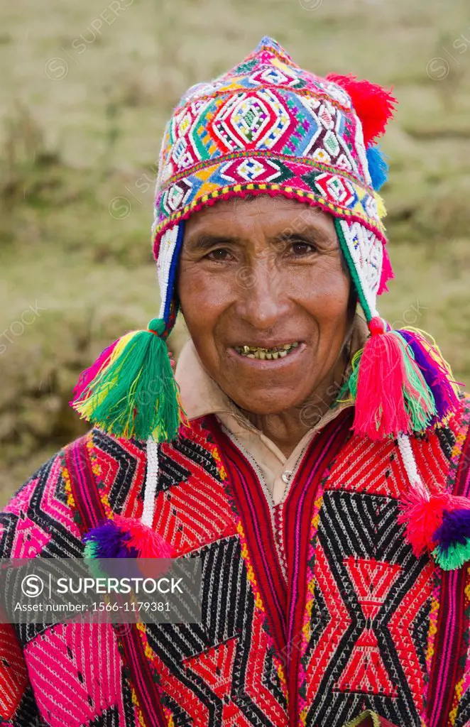 Local religious Shaman in traditional religious clothes in Cusco Cuzco Peru