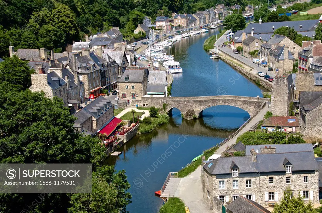 Rance river valley and Dinan harbour with The Stone Bridge over river Rance,Dinan, Cotes d´Armor 22, Brittany, France