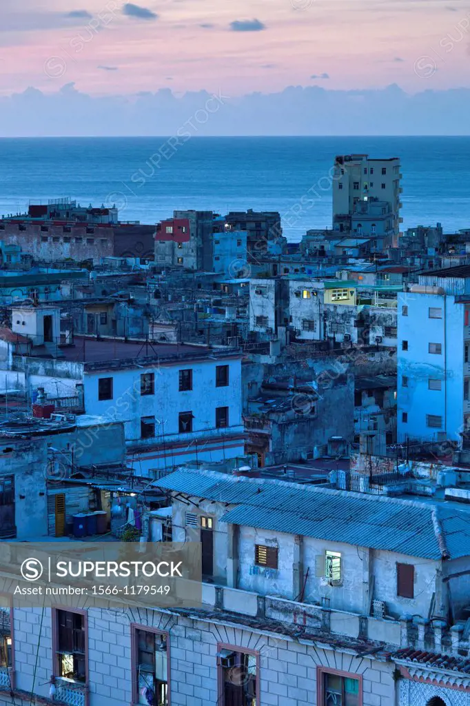 Cuba, Havana, Central Havana, elevated city view, dusk
