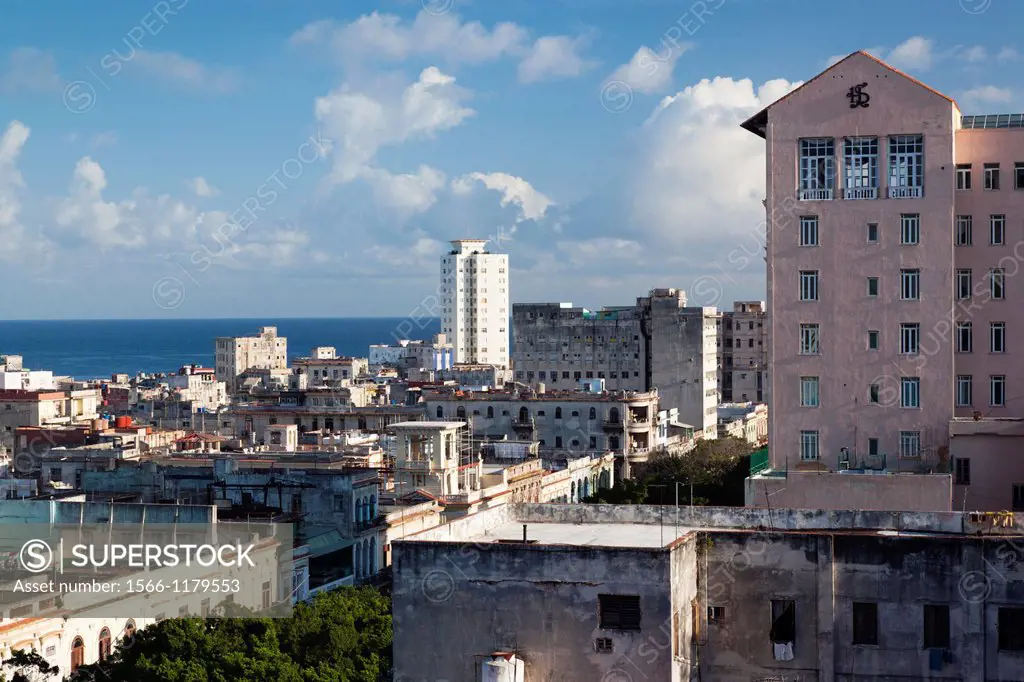 Cuba, Havana, Havana Vieja, elevated view of the Paseo de Marti and the Hotel Sevilla, morning