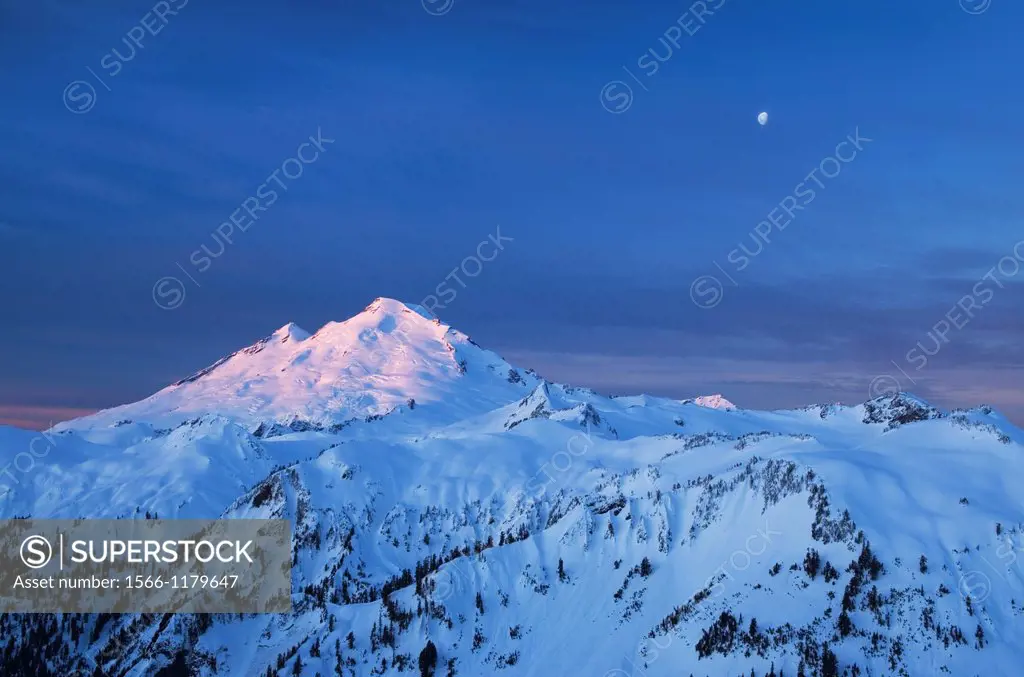 The moon hangs over Mount Baker, 10,781 ft 3,286 m while the snows and glaciers glow in the light of a winter dawn  North Cascades Washington
