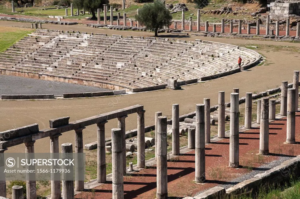 Remains of the doric stoas and stadium, at Ancient Messene, Messinia, Peloponnese, Greece
