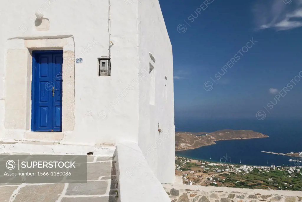 Views over Livadi Bay on Serifos Island from a balcony of a white church in the Chora, Serifos, Cyclades, Greece