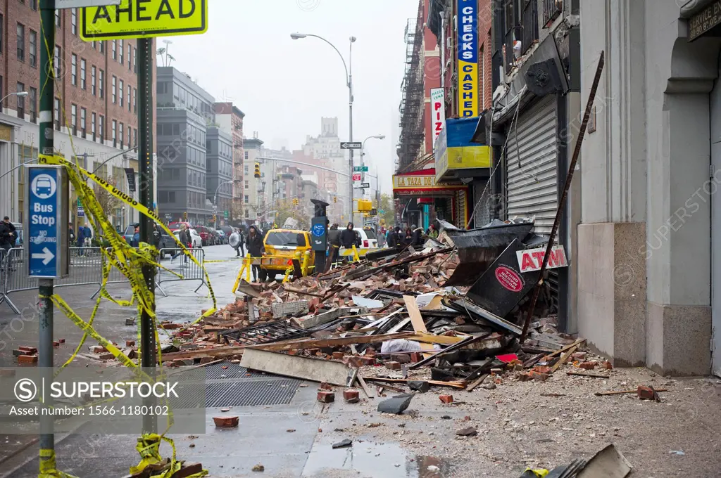 Debris from the collapse of a facade of a building in Chelsea torn off during Hurricane Sandy Hurricane Sandy roared into New York disrupting the tran...