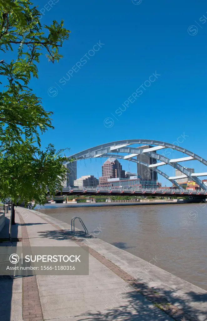 Rochester New York famous Frederick Douglas and Susan B Anthony Memorial Bridge and the Genessee River with skyline of city
