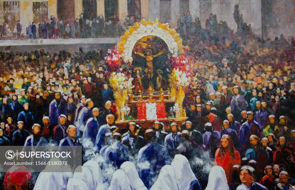 Religious painting on street art show in Lima Peru