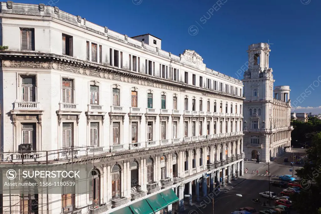 Cuba, Havana, Havana Vieja, buildings along the eastern side of Parque Central, elevated view