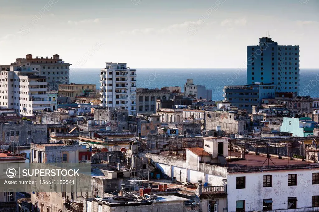 Cuba, Havana, Central Havana, elevated city view, dusk