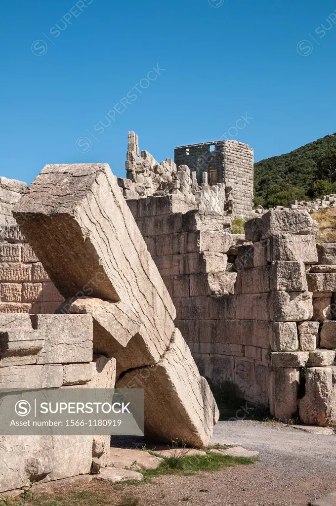 The massive stone remains of the Arcadia gate at ancient Messene Ithomi, Messinia, Southern Peloponnese, Greece