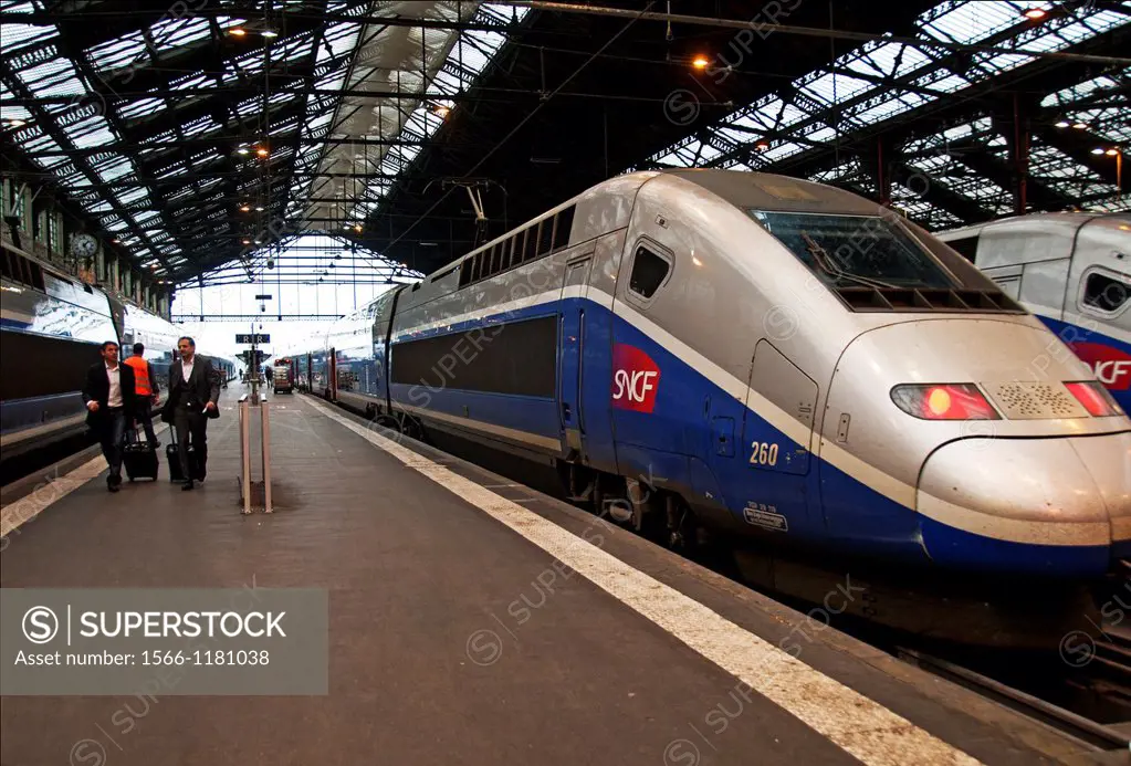 TGV bullet fast train in Gare de Lyon, main railway station in Paris, France
