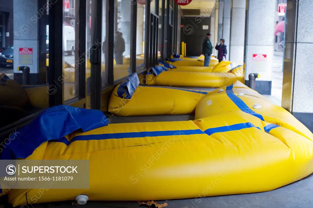 Inflatable barriers used to protect a building from flood damage seen in lower Manhattan in New York Hurricane Sandy roared into New York disrupting t...
