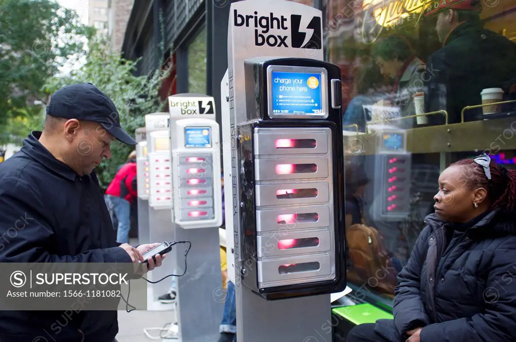Bright Box, set up charging stations for people to charge their cell phones and lap tops in midtown in New York Con Edison is estimating electricity w...