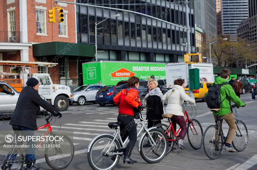 Bicyclists and pedestrians seen in lower Manhattan in New York Power has been restored to many neighborhoods and the city´s public transportation syst...