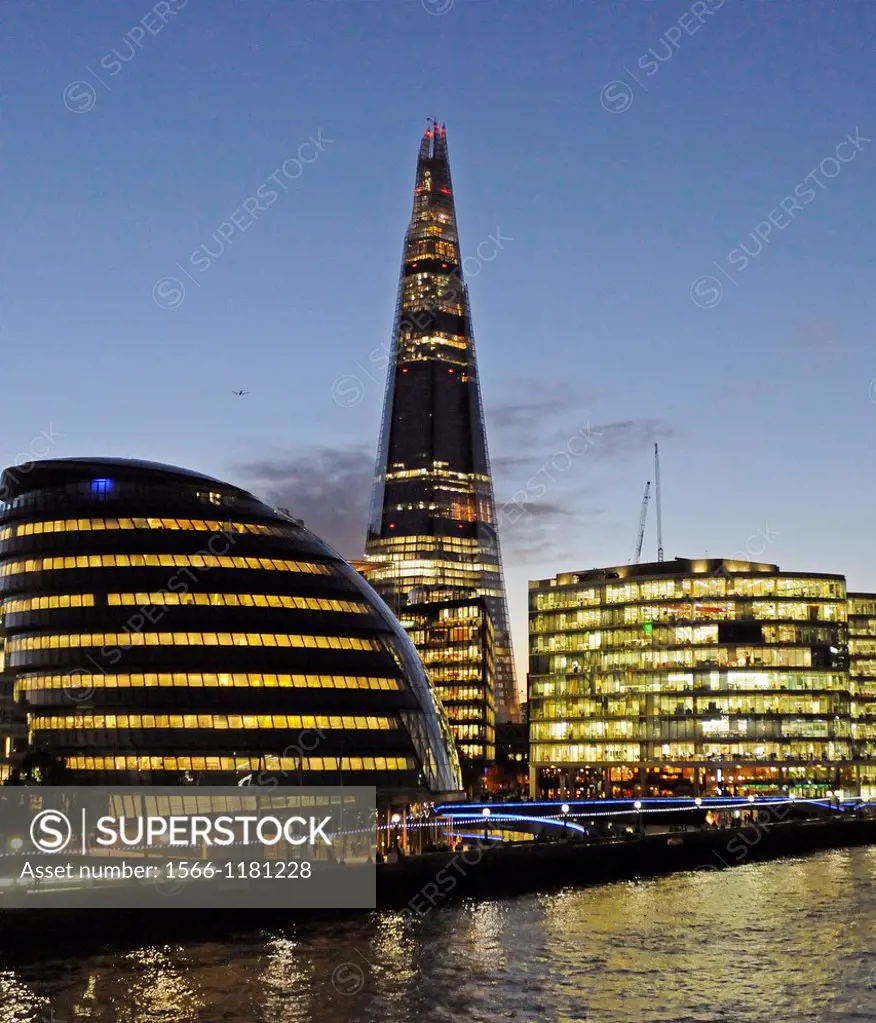 River Thames with The Shard and City Hall at night London England