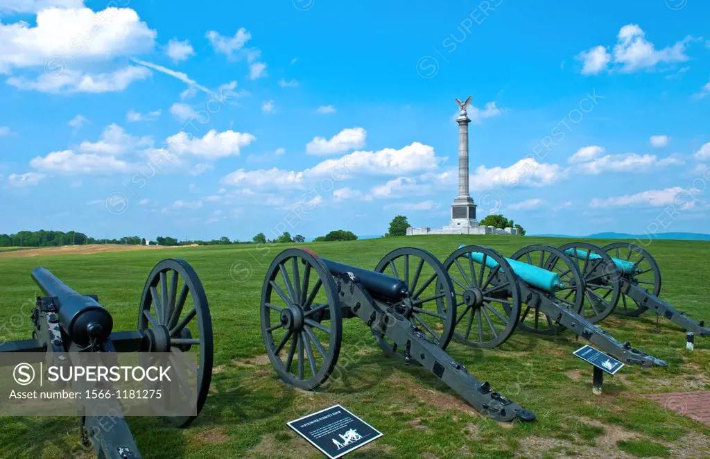 Antietam National Battlefield Famous Civil War Battleground Memorial in Antietam Maryland with monument and cannons