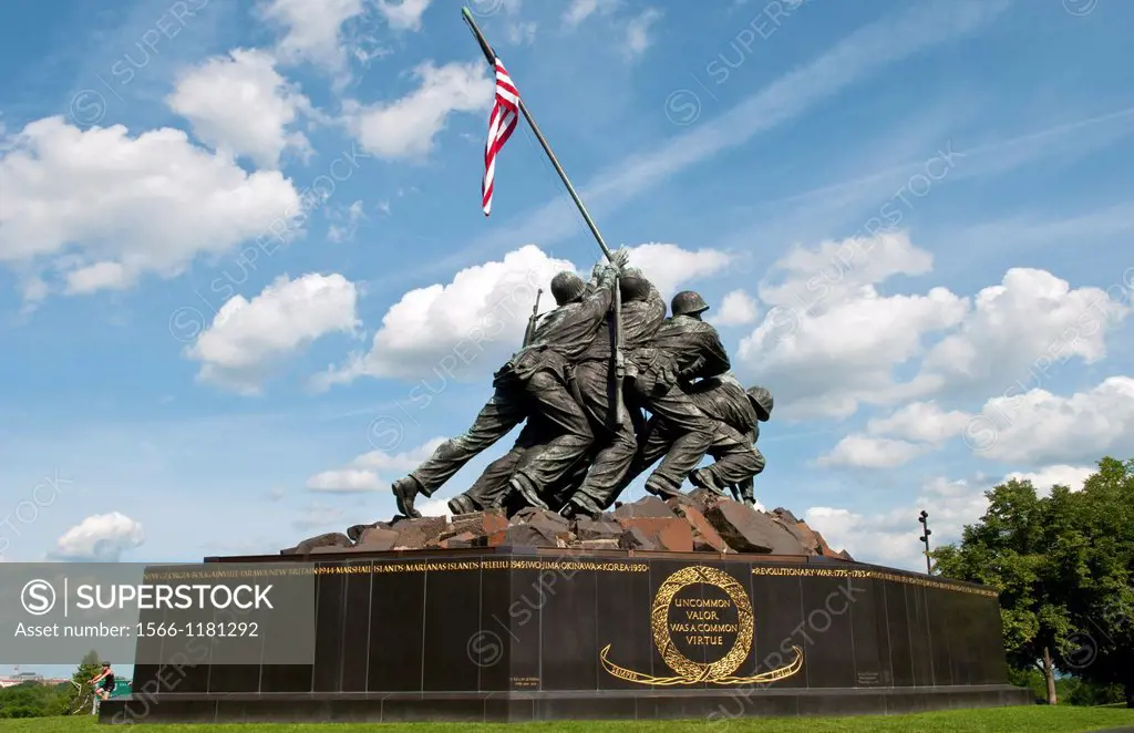 Famous Washington DC Iwo Jima Marine Memorial of flag raising in bronze to help end World War II