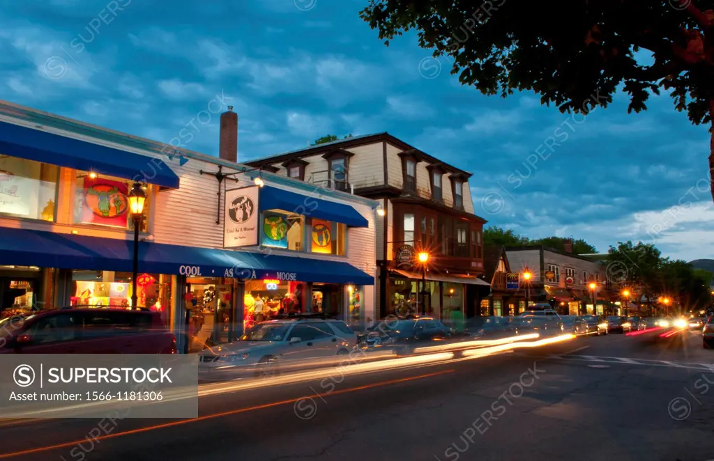 Main Street scenes with great sky in Bar Harbor Maine at night exposure holiday vacation