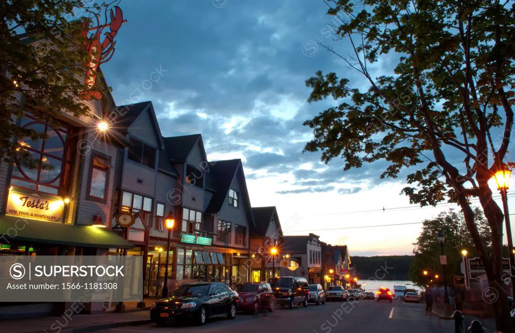 Main Street scenes with great sky in Bar Harbor Maine at night exposure holiday vacation