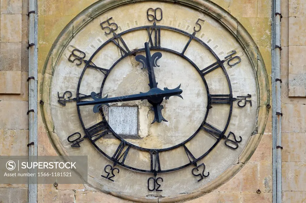 Clock on the New Cathedral tower, Salamanca, city declarated World Heritage by UNESCO  Castilla y León  Spain