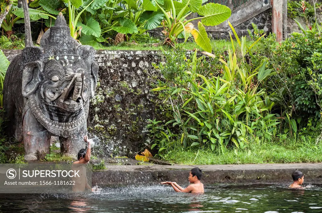 Children swimming in a pool at the Taman Tirtagangga water Palace and garden, Eastern Bali, Indonesia
