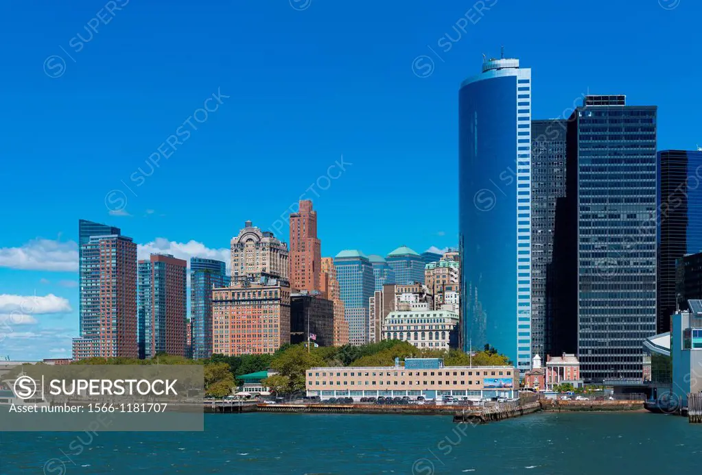 Lower Manhattan skyline with Battery park and Financial district skyscrapers