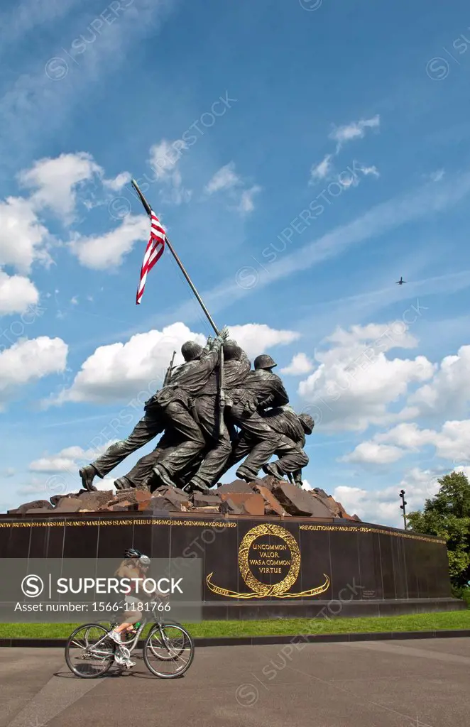 Famous Washington DC Iwo Jima Marine Memorial of flag raising in bronze to help end World War II