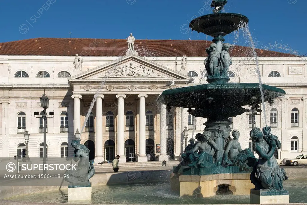 fountaine in front of the National Theatre D Maria II on Don Pedro V square in Rossio district, Lisbon, Portugal, europe