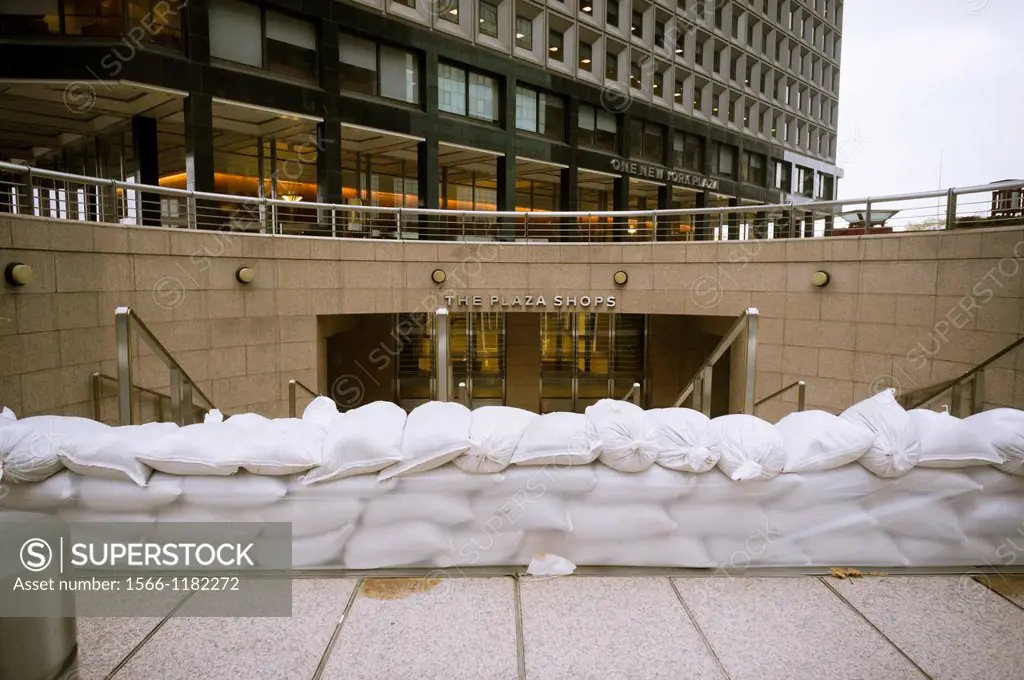 Shopping arcade in One New York Plaza in the Zone A evacuation zone is sandbagged prior to Hurricane Sandy, in New York In advance of the arrival of H...