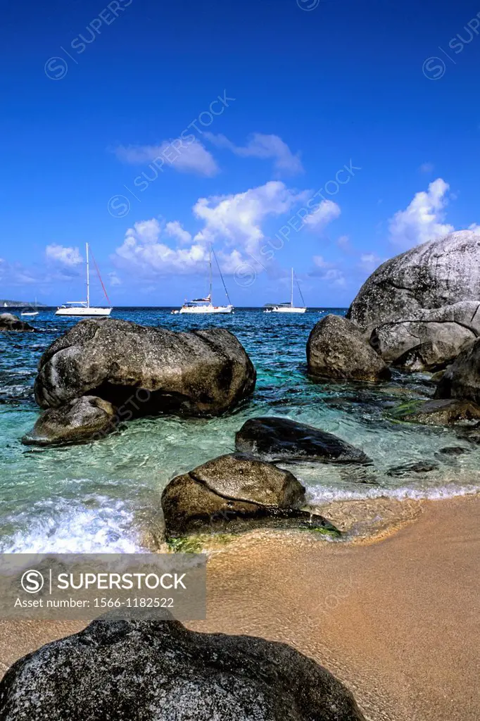 Beautiful rock formation boulder rocks with blue water ocean at The Baths of Virgin Gorda in British Virgin Islands