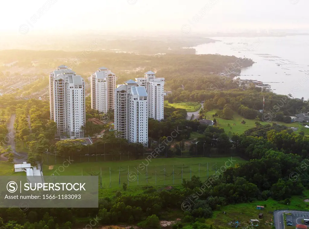 Aerial view of high rise residential complexes at sunset