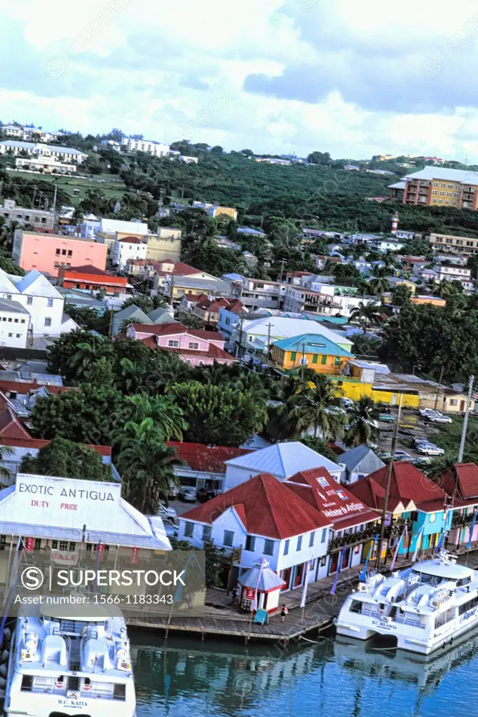Aerial view of colorful downtown shopping area from cruise ships at beautiful port in St John Antigua
