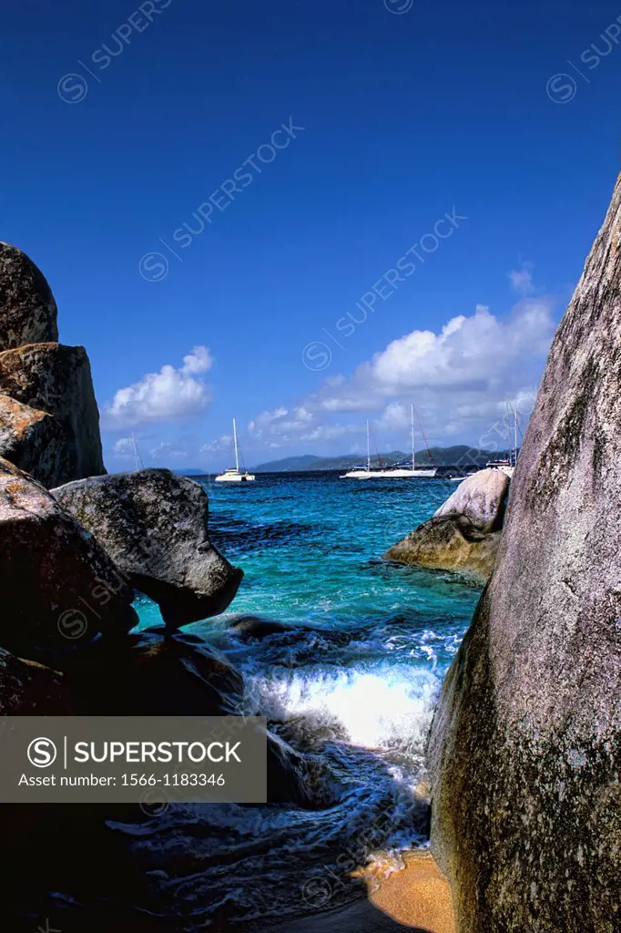 Beautiful rock formation boulder rocks with blue water ocean at The Baths of Virgin Gorda in British Virgin Islands