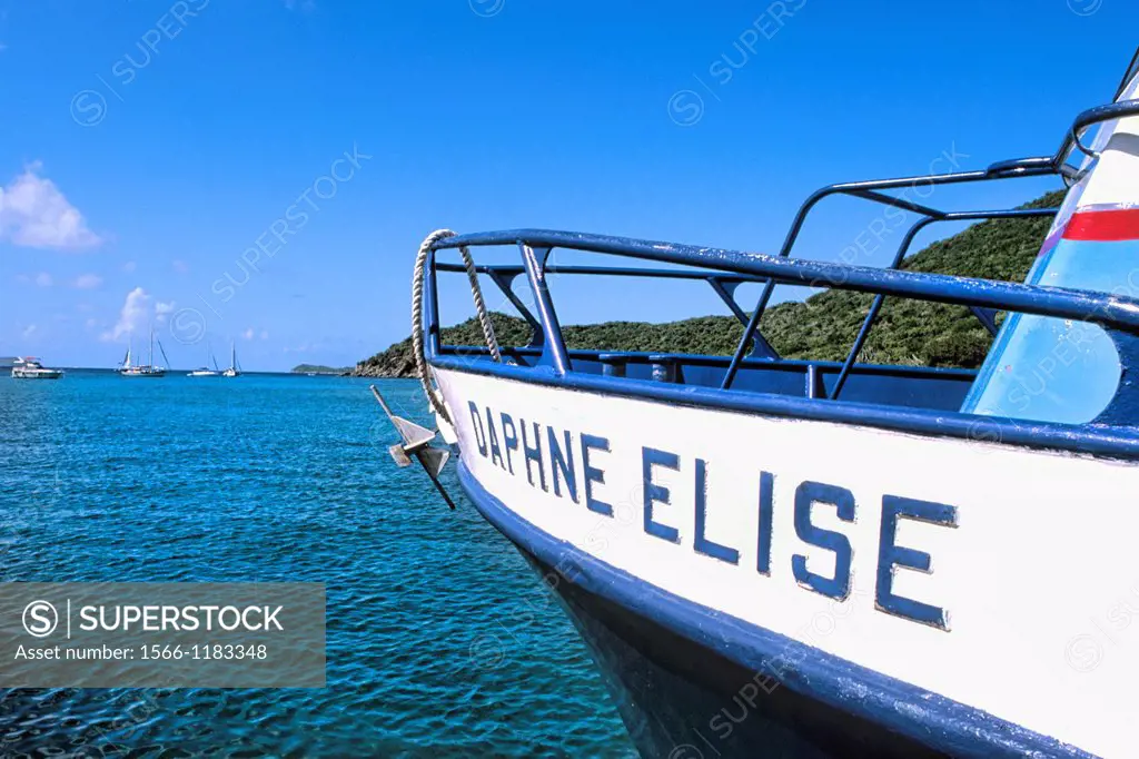 Beautiful old blue boat called V G  Daphne Elise in port harbour of Virgin Gorda in British Virgin Islands