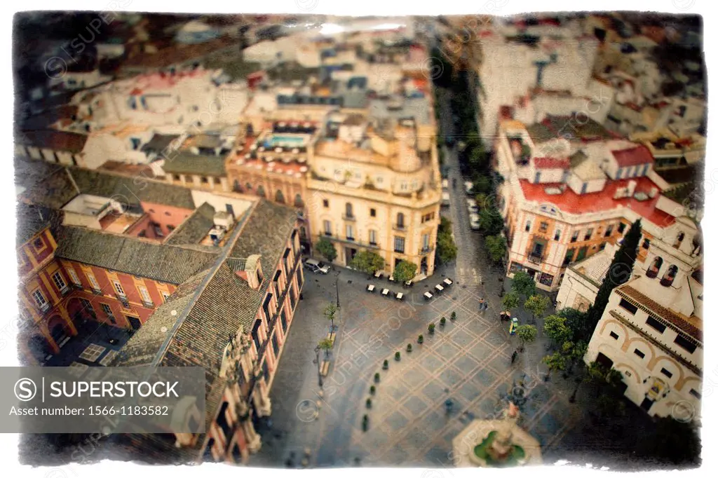 View of the city of Seville from the top of the Giralda tower  Tilted lens used for a shallower depth of field